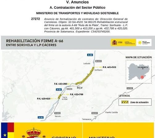 Transportes formaliza por 9,8 millones la rehabilitación estructural de la A-66 entre Sorihuela y Cáceres